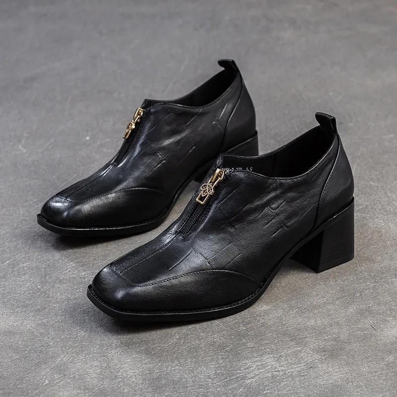 Women Vintage Leather Square Head Front Zipper Pumps Crocodilely Casual Shoe