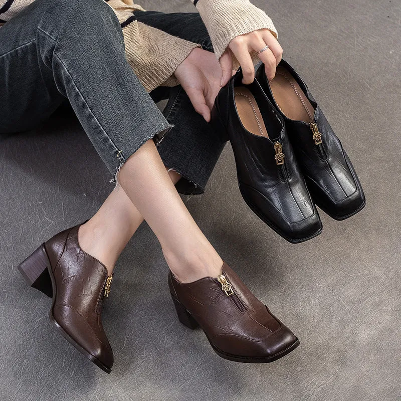 Shoes Outfit Men Casual Women Vintage Leather Square Head Front Zipper Pumps