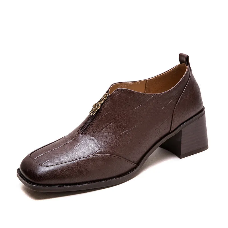 Velcro Casual Shoes Women Vintage Leather Square Head Front Zipper Pumps