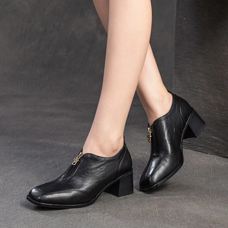Best Trending Casual Shoes Women Vintage Leather Square Head Front Zipper Pumps