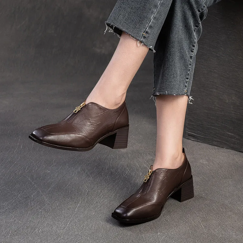 Women Vintage Leather Square Head Front Zipper Pumps Casual Shoes Best
