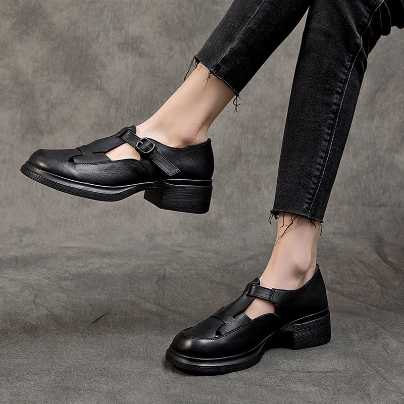 Women Round Toe French Style Loafers Leather Shoes Loafers Shiny