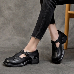 Women Round Toe French Style Loafers Leather Shoes Walking Loafers