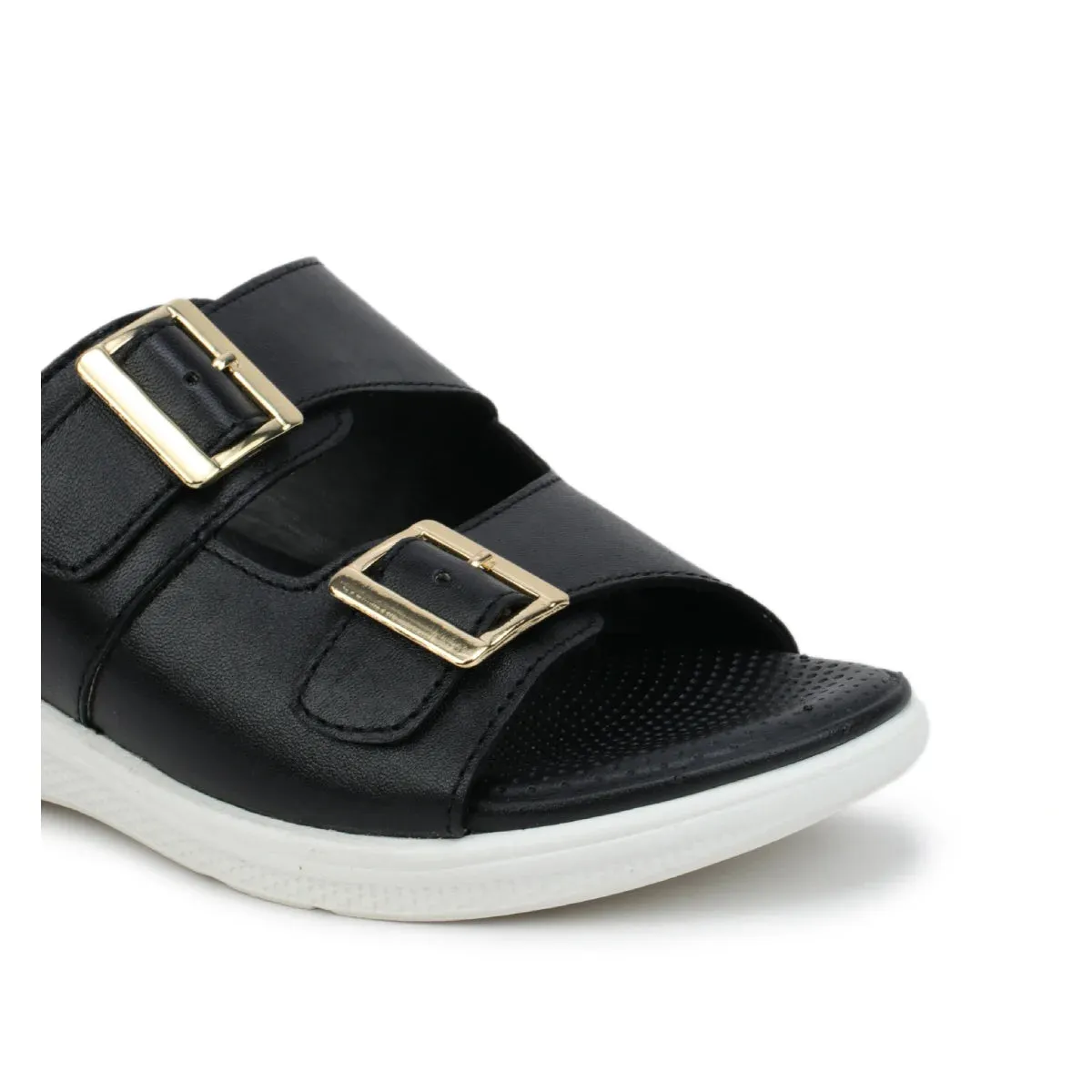 Womens Leather Slippers 7512  Monk Strap Design in Flats Fluffy Sheepskin Slippers