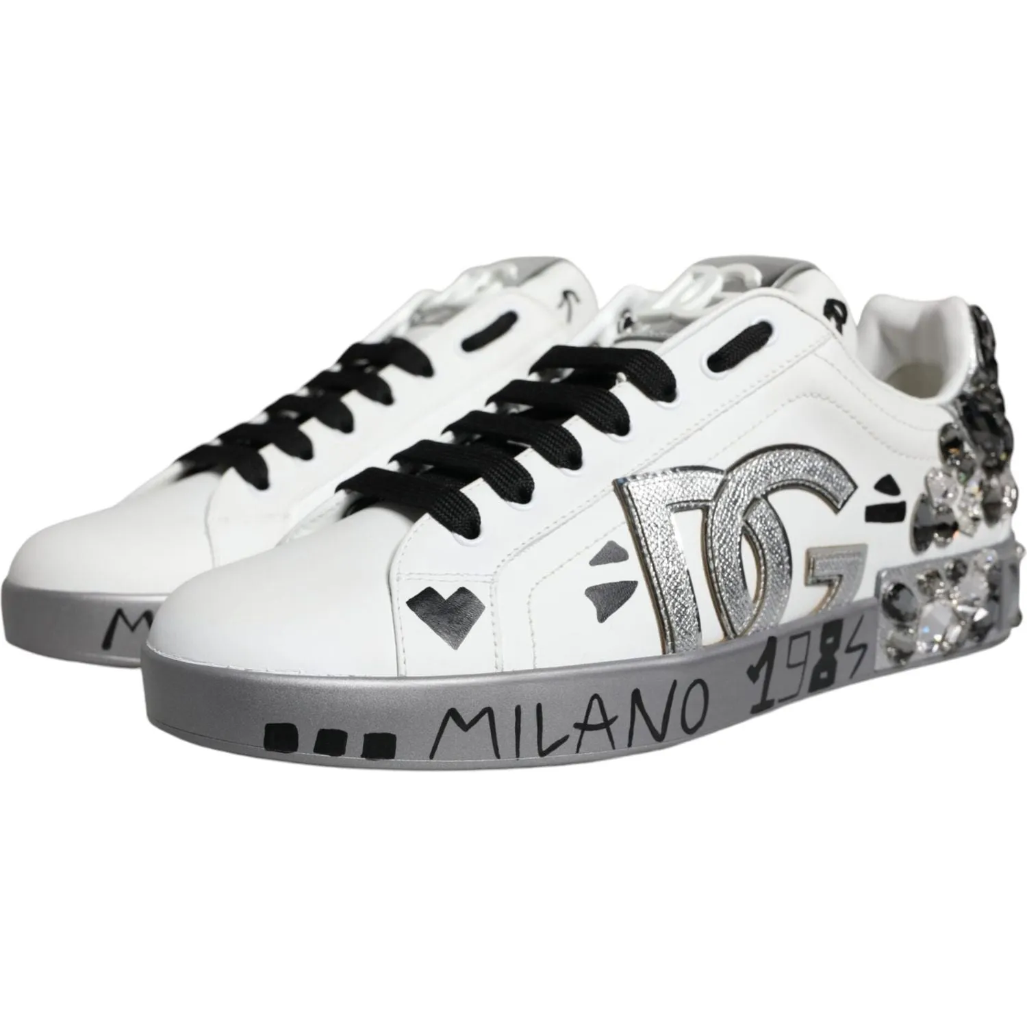 Dolce & Gabbana White Silver Crystal Logo Portofino Sneakers Shoes Street Casual Shoes