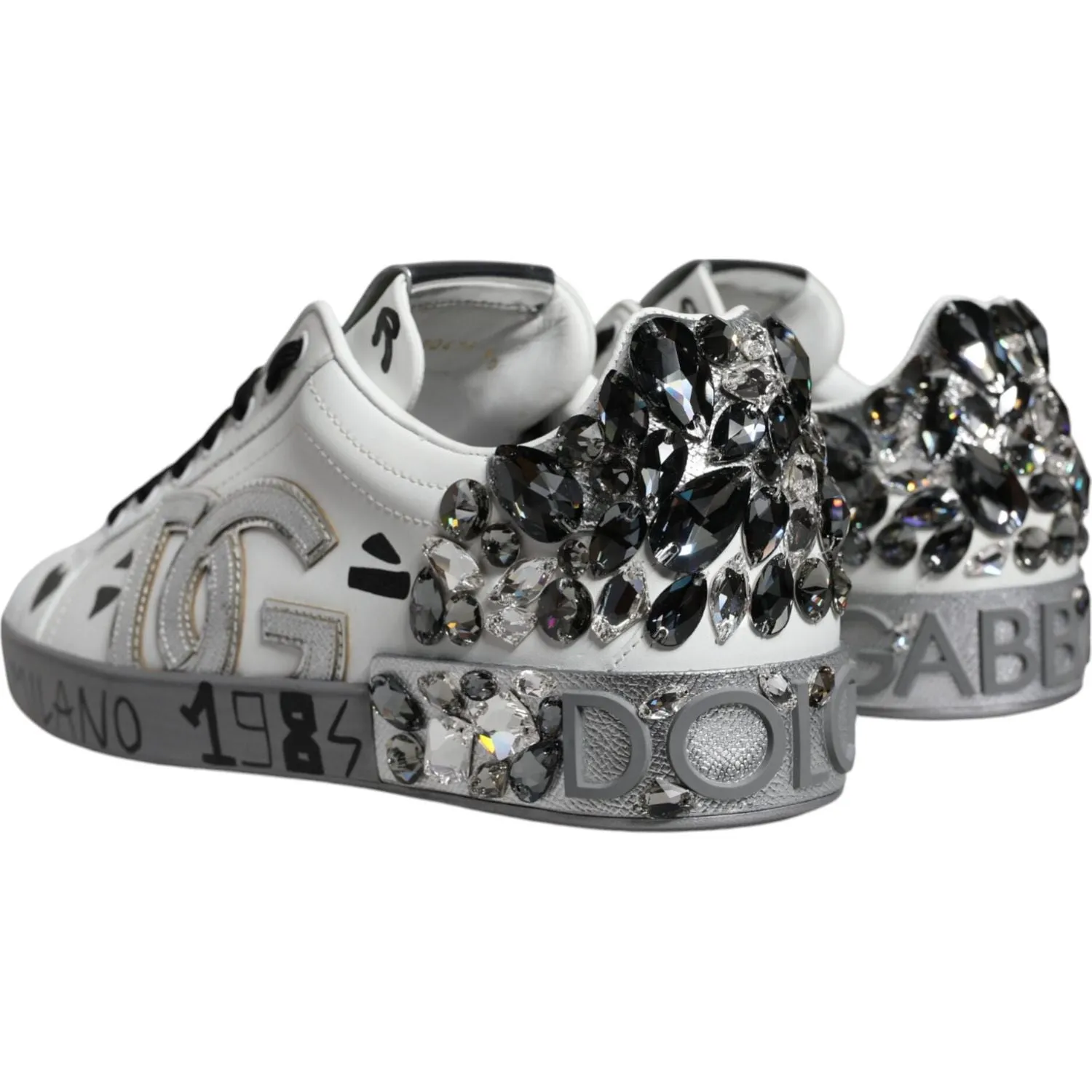 Dolce & Gabbana White Silver Crystal Logo Portofino Sneakers Shoes Melson Volgo Slip-on Casual Shoe