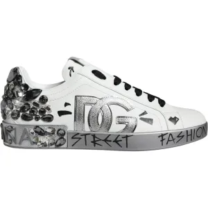 Casual Designer Shoes Dolce & Gabbana White Silver Crystal Logo Portofino Sneakers Shoes